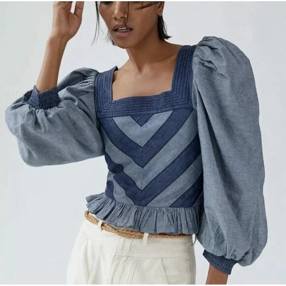 Anthropologie x‎ Love the Label Smocked Puff-Sleeve Blouse Top S Denim Blue Boho - Picture 2 of 12